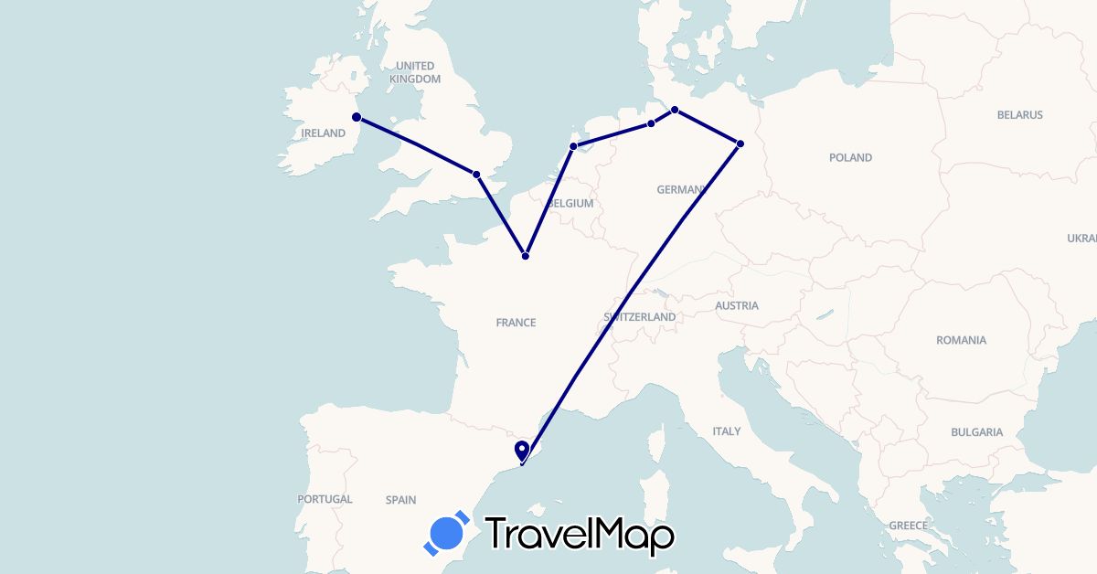 TravelMap itinerary: driving in Germany, Spain, France, United Kingdom, Ireland, Netherlands (Europe)